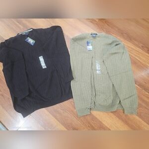 Two Vintage R&R Casuals Men 90s Ribbed Knit Sweater Earth Tones Crew Neck NWT